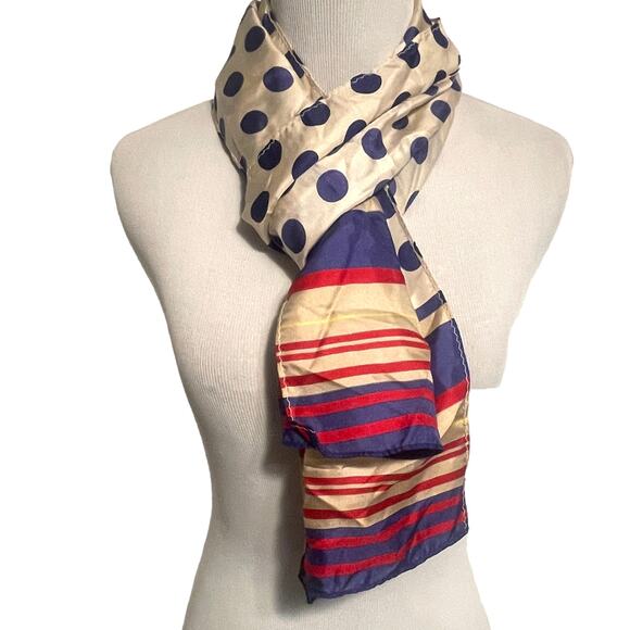 Cejon NEW Silk Scarf Womens White Blue Red Colorful Polka Dots Stripes Silky - Picture 1 of 6